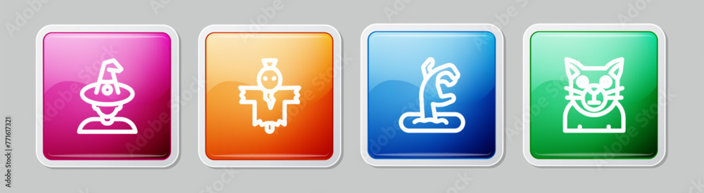 Set line Witch, Scarecrow, Zombie hand and Cat. Colorful square button. Vector Set line Witch, Scarecrow, Zombie hand and Cat. Colorful square button. Vector