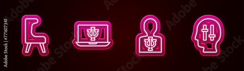 Set line Armchair, Psychologist online, Psychology, Psi and Solution to the problem. Glowing neon icon. Vector