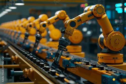 Advanced robotic arms in a futuristic manufacturing plant, Industry 4.0 automation, 3D illustration