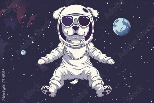 Adorable puppy astronaut floating in outer space wearing stylish white sunglasses, Playful illustration