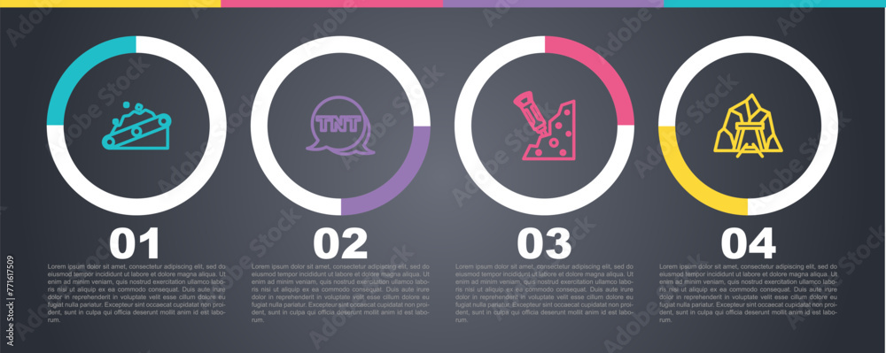 Set line Conveyor belt carrying coal, Dynamite, Construction jackhammer and Mine entrance. Business infographic template. Vector Set line Conveyor belt carrying coal, Dynamite, Construction jackhammer and Mine entrance. Business infographic template. Vector