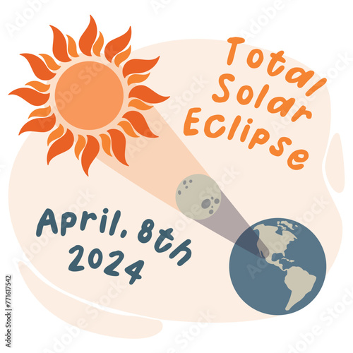 Solar eclipse composition with date. Cute illustrations in flat style. Vector design element for project, banner, invitation