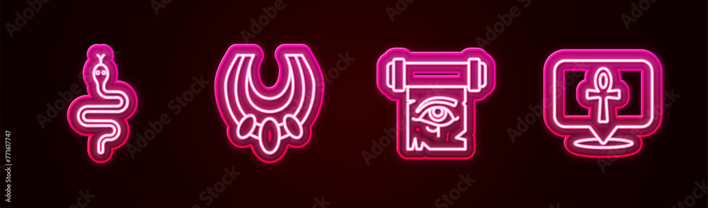 Set line Snake, Egyptian necklace, Eye of Horus on papyrus scroll and Cross ankh. Glowing neon icon. Vector Set line Snake, Egyptian necklace, Eye of Horus on papyrus scroll and Cross ankh. Glowing neon icon. Vector
