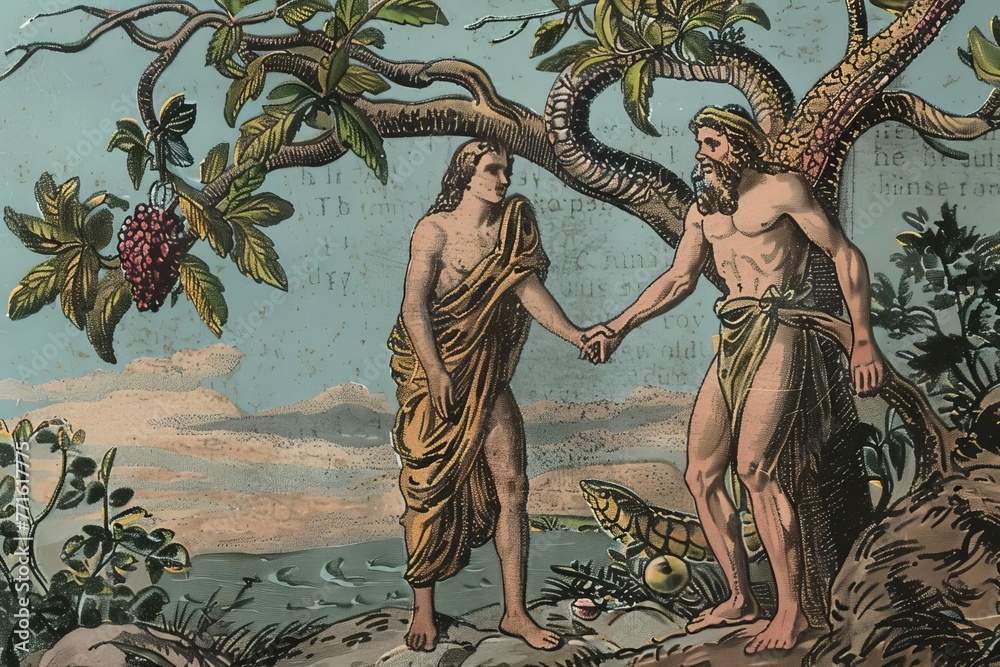 Ilustração do Stock: Adam and Eve in Paradise with forbidden fruit ...