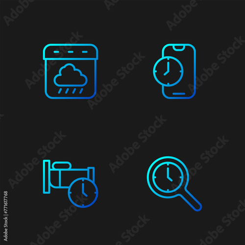 Set line Magnifying glass with clock, Time to sleep, Calendar autumn and Alarm app mobile. Gradient color icons. Vector