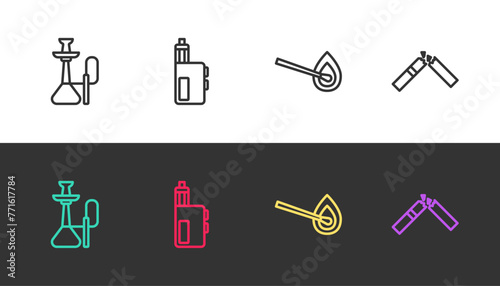 Set line Hookah, Vape mod device, Burning match with fire and Broken cigarette on black and white. Vector