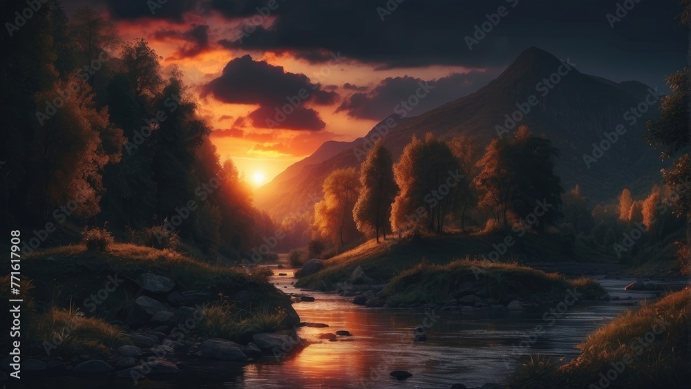 Riverside Glow Sunset Illuminating the River's Serene Beauty - Wallpaper