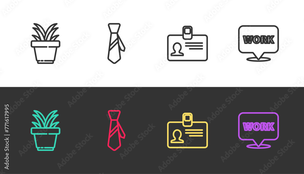 Set line Plant in pot, Tie, Identification badge and Location with text work on black and white. Vector