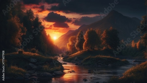 Riverside Glow Sunset Illuminating the River s Serene Beauty - Wallpaper