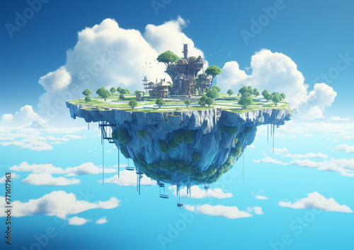 A Fantasy inspired Floating Island with a Mode. Ai-Generated Image © HabibStock