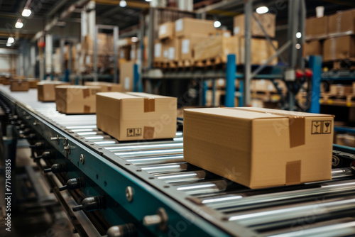 Cardboard boxes on a conveyor belt, high resolution image, warehouse, product, service, delivery service, cardboard boxes, technology, sorting, unloading, loading © Zoraiz