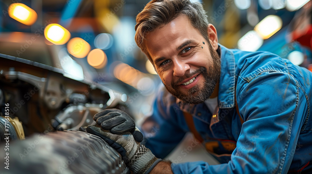 Smiling male mechanic working on a car engine in a garage, with a blurred background. Smiling male mechanic working on a car engine in a garage, with a blurred background.