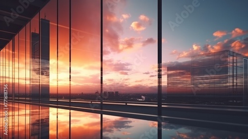 Modern office building or business center. High-rise window buildings made of glass reflect the clouds and the sunlight. empty street outside wall modernity civilization. growing up business