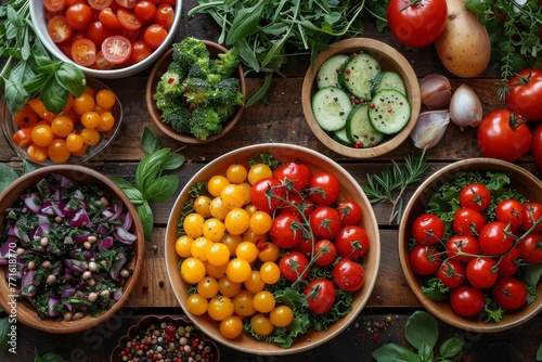 Overhead shot capturing a vibrant display of fresh vegetables in various bowls, signifying health and organic eating