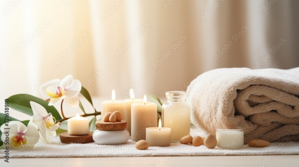 Beautiful spa treatment composition such as Towels, candles, essential oils, Massage Stones on light wooden background. blur living room, natural creams and moisturizing Healthy lifestyle, body care