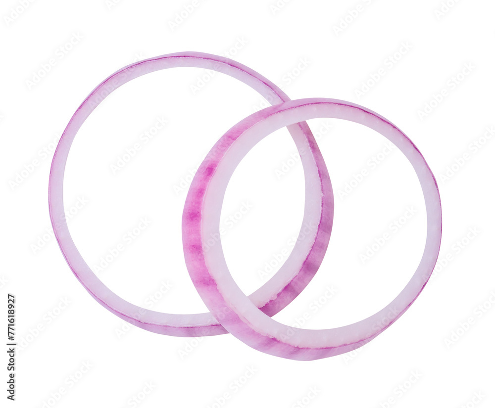 Top view of red or purple onion slices or onion rings in stack isolated with clipping path in png file format Top view of red or purple onion slices or onion rings in stack isolated with clipping path in png file format