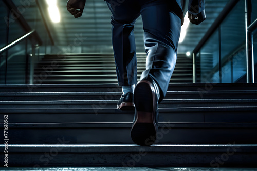 Young businessman running up stairs in a office photo