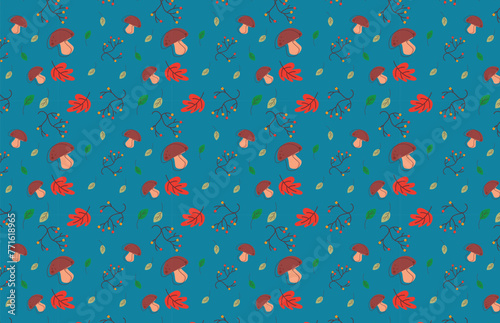 Indian Summer Seamless pattern in oriental geometric traditional style. Leaves, rowanberry and mushroom with coloured background blue, light colour. vector Designed by Vishal Singh