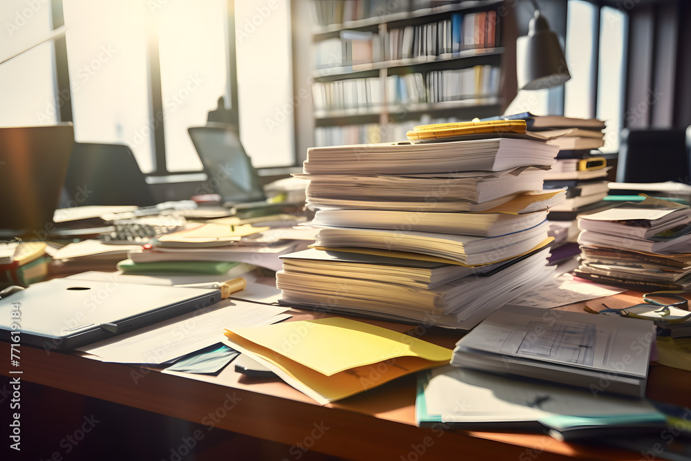 Office desk with a stack of papers documents. A busy day in office Office desk with a stack of papers documents. A busy day in office