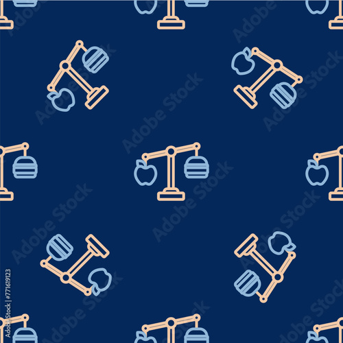 Line Calorie calculator icon isolated on isolated seamless pattern on blue background. Calorie count. Diet. Weight loss. Portion control. Healthy eating. Dietary nutrition. Vector