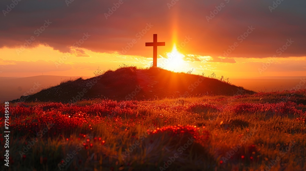 Fototapeta premium a Christian cross atop a hill during a vibrant sunset, symbolizing hope and faith. The cross on the hill, a silhouette against the vibrant Easter sunrise, embodies hope's eternal light