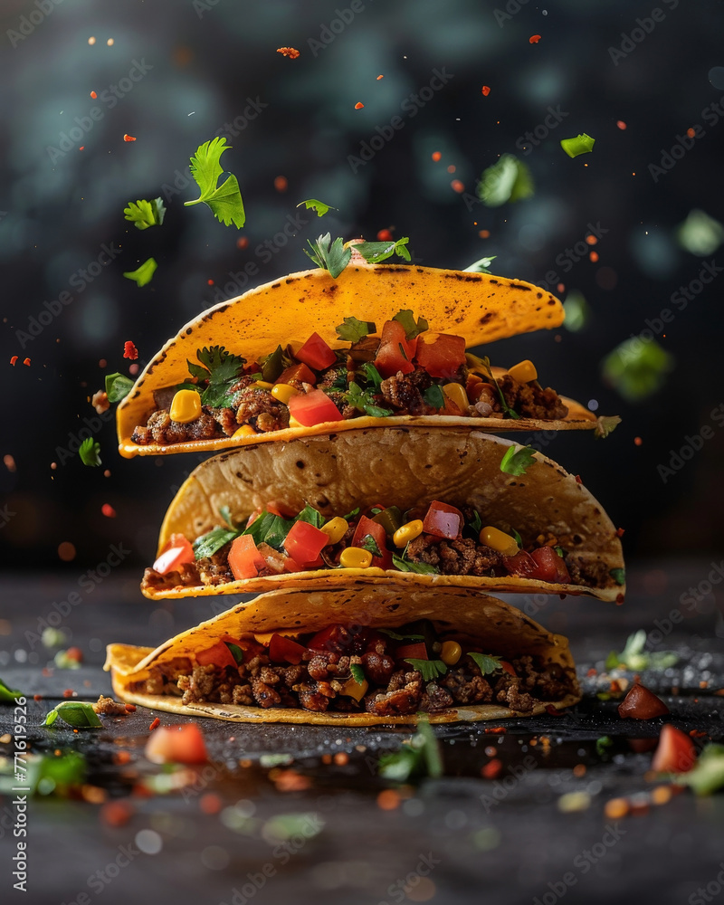 Levitating tacos with fillings in mid-air, cinematic, natural quality,