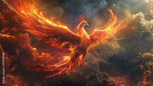 Phoenix in fire rising from the ashes created with Generative AI