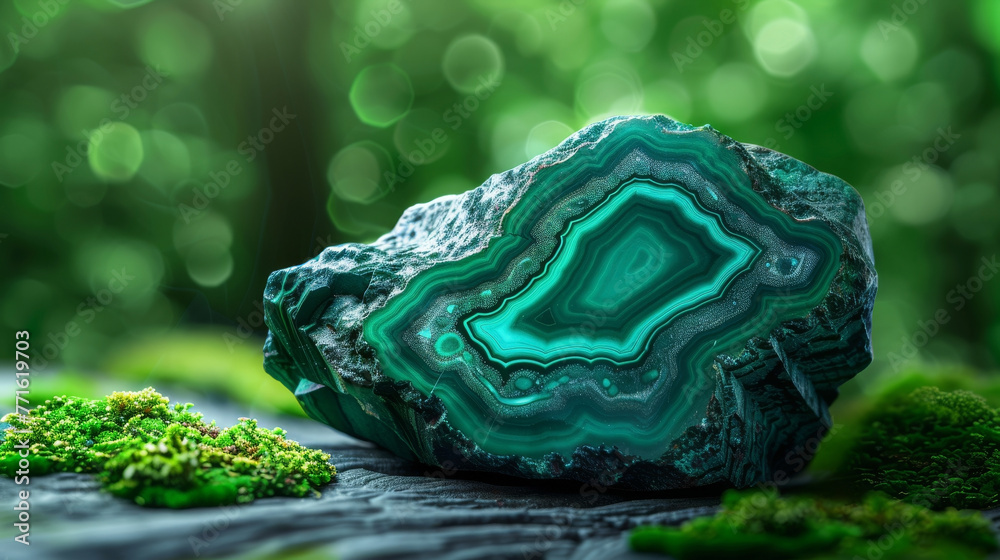 Obraz premium Malachite stone against a blurred green canopy, earth’s canvas