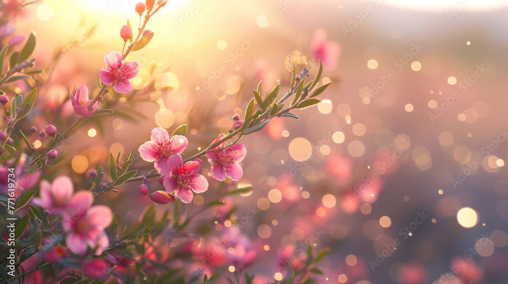 Manuka flowers on a blurred New Zealand landscape, healing honey Manuka flowers on a blurred New Zealand landscape, healing honey