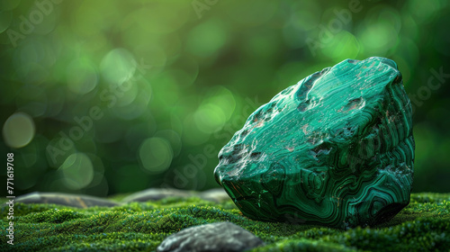 Malachite stone against a blurred green canopy, earth’s canvas photo