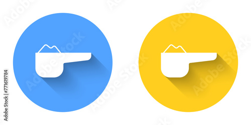 White Sports nutrition bodybuilding proteine power drink and food icon isolated with long shadow background. Circle button. Vector