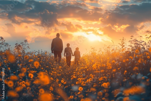 A warm scene depicting a man and two children walking hand in hand through a field of sunflowers during a picturesque sunset