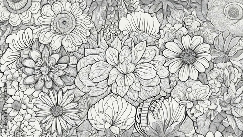  floral pattern black and white  coloring book page    a black and white image of a floral pattern that features various flowers and leaves with intricate details