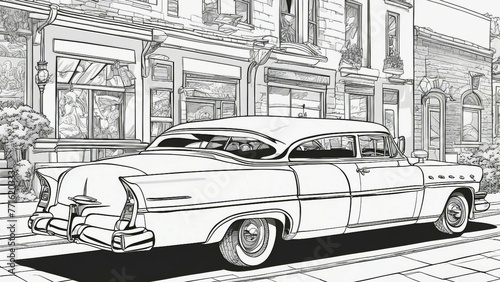 vintage car on the street black and white, coloring book page,   A vintage car of the 1950s style stands out on a street with old-fashioned buildings 