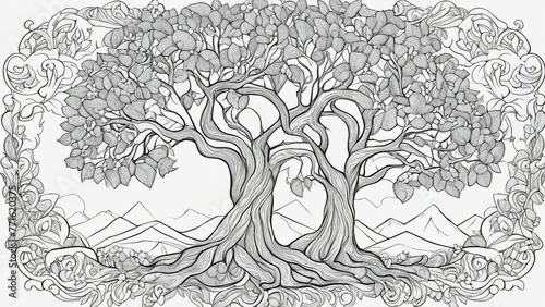 sketch of tree black and white, coloring book page,   tree of life