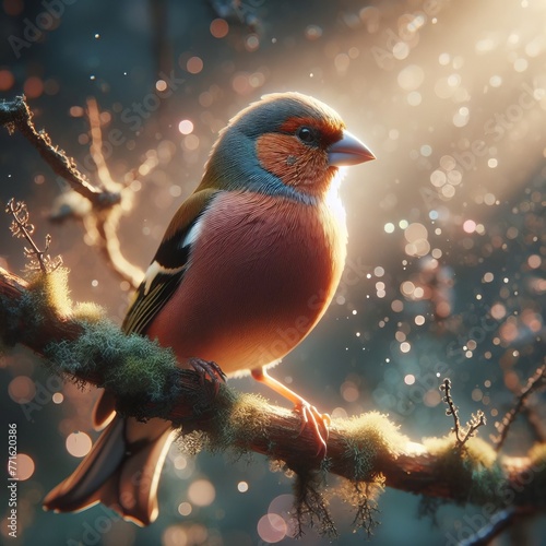 ystical Morning: Awe-Inspiring Bird Finch Amidst Nature’s Serene, Enchanted Forest Atmosphere © pajus