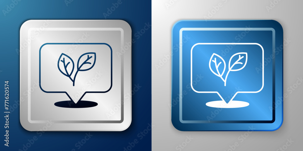 White Leaf icon isolated on blue and grey background. Leaves sign. Fresh natural product symbol. Silver and blue square button. Vector White Leaf icon isolated on blue and grey background. Leaves sign. Fresh natural product symbol. Silver and blue square button. Vector