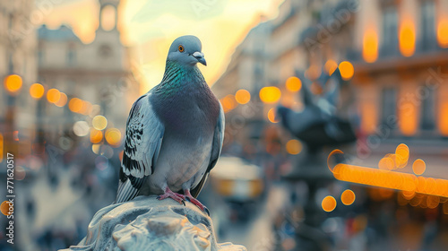 Portrait of a pigeon perched on a statue, detailed feathers with a city square blurred