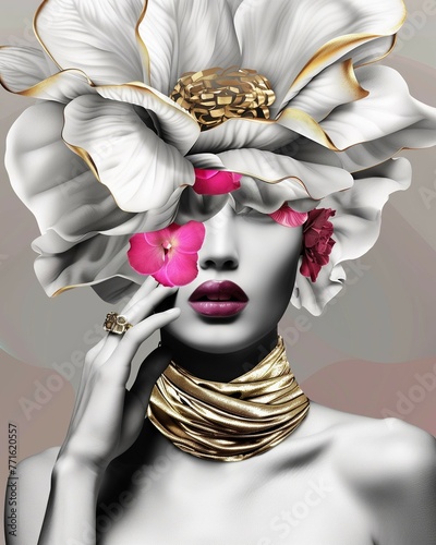 Surreal and artistic collage of woman with white, gold and vibrant pink flowers on her head and golden details on a neutral backdrop.	
