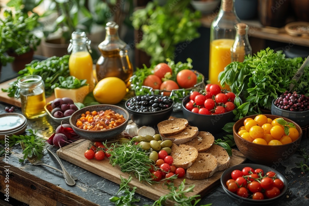 A colorful array of fresh vegetables, grains, and bread on a rustic table signifies health and vitality A colorful array of fresh vegetables, grains, and bread on a rustic table signifies health and vitality
