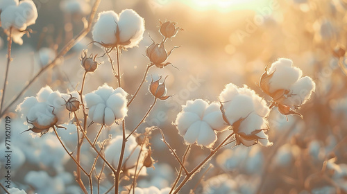 Raw cotton bolls on a soft-focus field, dawn light, photo