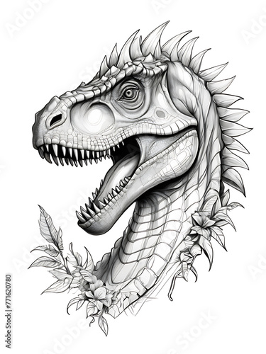 Tattoo art Dinosaur hand drawing and sketch with line smoothly outline shape coloring page, white background, ai generated 