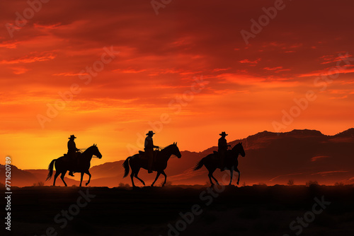 silhouettes of cowboys with horses  sunset background