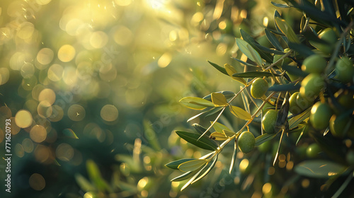 Ripe olives on a blurred Mediterranean grove, essence of flavor photo
