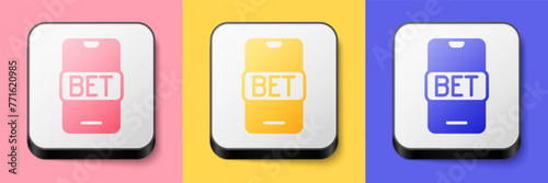 Isometric Online sports betting icon isolated on pink, yellow and blue background. Sport bet bookmaker. Betting online make money. Square button. Vector
