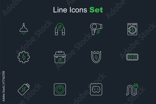 Set line Electric plug, Electrical outlet, Power button, Battery charge, Lightning and shield, Toolbox electrician and Gear lightning icon. Vector © Iryna