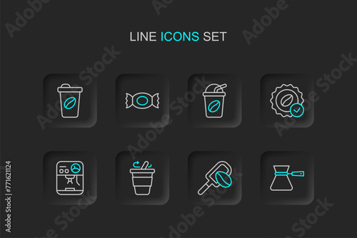 Set line Coffee turk, Spatula with coffee grain, cup to go, machine, Medal for, Iced, Candy and icon. Vector