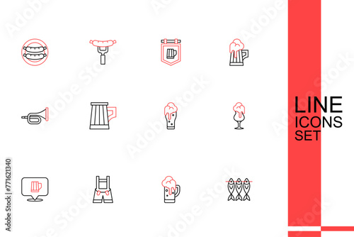 Set line Dried fish, Glass of beer, Lederhosen, Wooden mug, and Trumpet icon. Vector