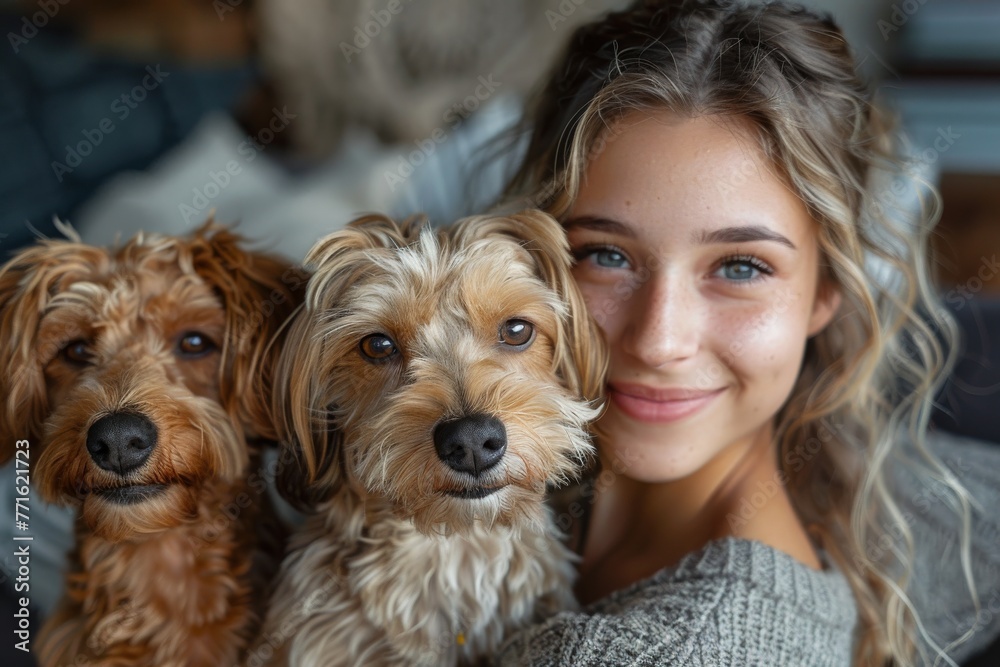 An endearing portrait of a young woman and two charming dogs looking directly into the camera lens An endearing portrait of a young woman and two charming dogs looking directly into the camera lens