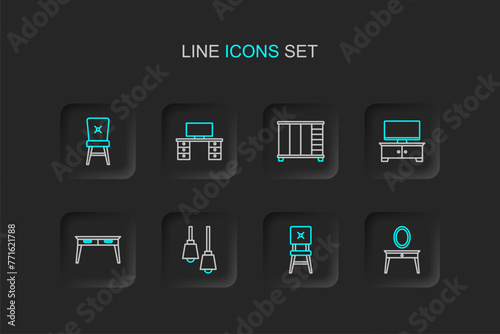 Set line Dressing table, Chair, Library bookshelf, Office desk, TV stand, Wardrobe, and icon. Vector